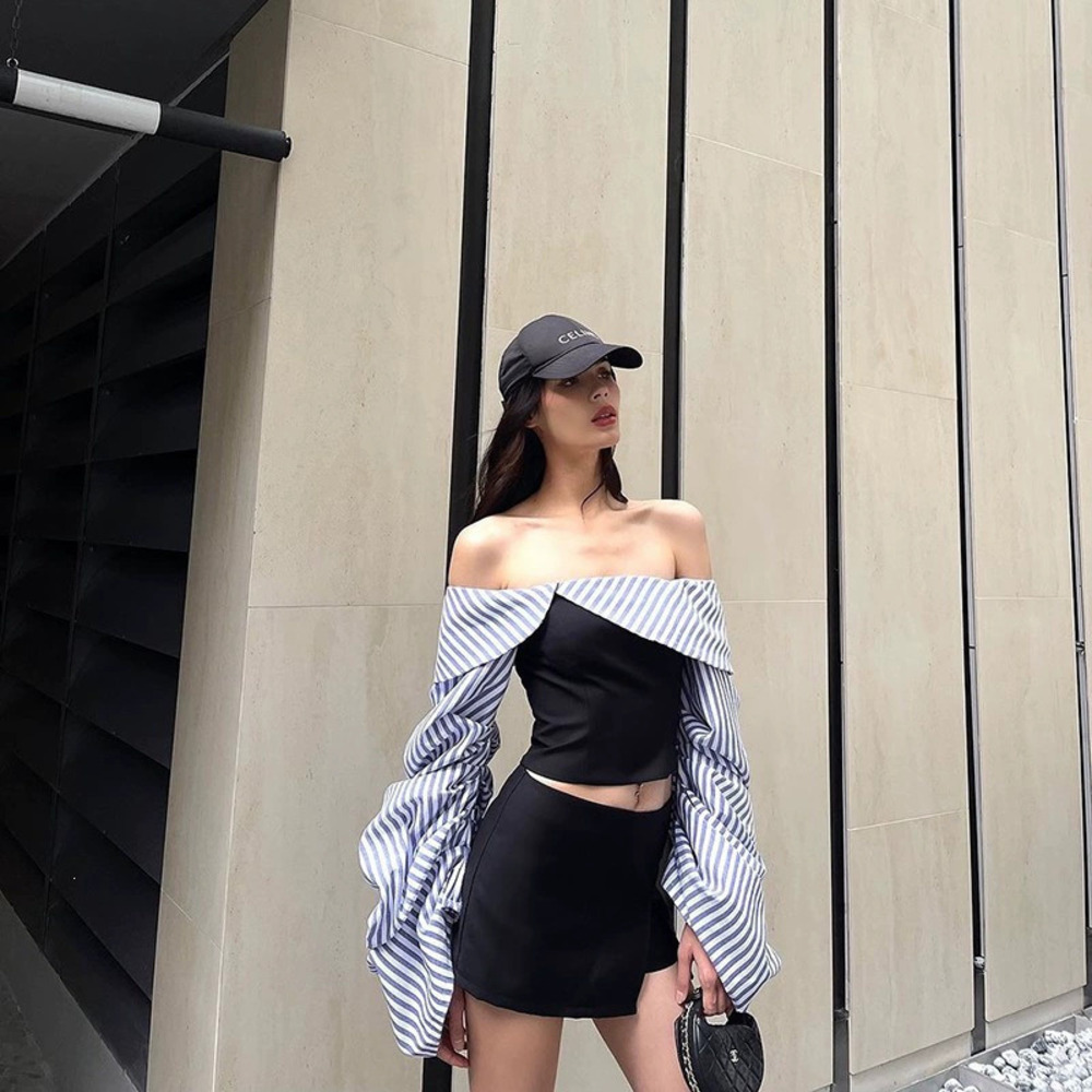 Zara Summer Striped Two Tone Off Shoulder Slim Fit Long Sleeve Top